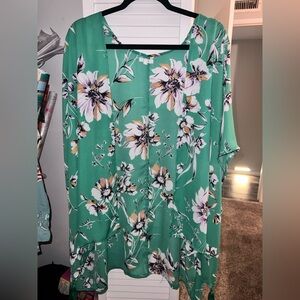 Maurices Green Relaxed Blouse with Floral Print and Mandarin Collar